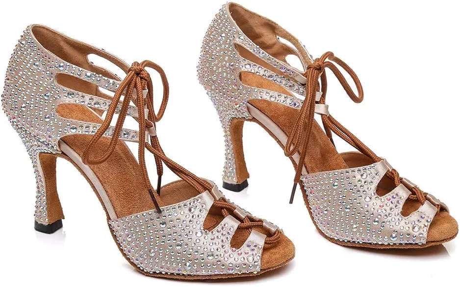 SWDZM Women's Latin Dance Shoes Open-Toe Lace-up Rhinestone Salsa Tango Ballroom Professional Practice Performance Dance Shoes Model-YCL387