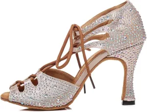 SWDZM Women's Latin Dance Shoes Open-Toe Lace-up Rhinestone Salsa Tango Ballroom Professional Practice Performance Dance Shoes Model-YCL387