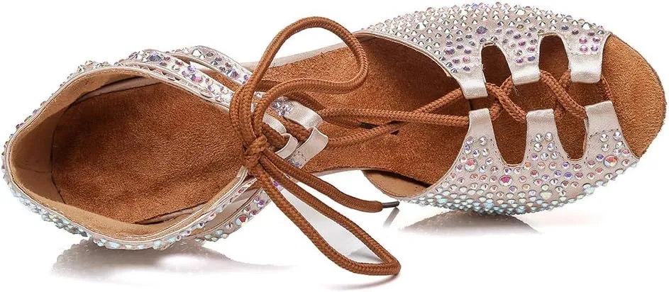 SWDZM Women's Latin Dance Shoes Open-Toe Lace-up Rhinestone Salsa Tango Ballroom Professional Practice Performance Dance Shoes Model-YCL387
