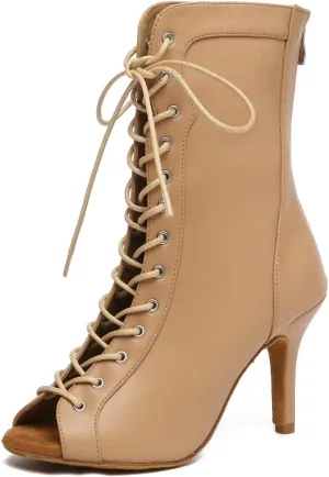 TINRYMX Women's Ballroom Dance Boots Lace-up Ankle High Dance Boots Open-Toe Performance Latin Salsa Dance Shoes, Model-YCL587