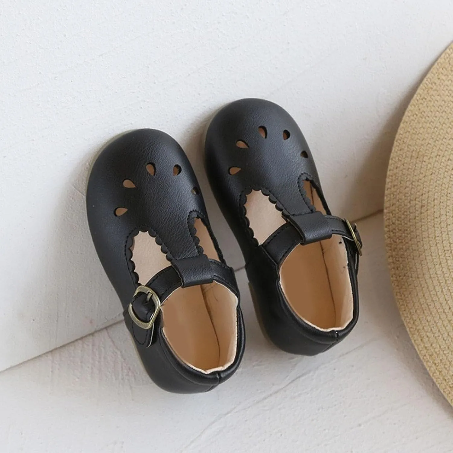 Toddler Girls Leather Lightweight Soft Sole Non-Slip Baby Cute T Strap Dress Shoes Mary Jane Flats Party Wedding