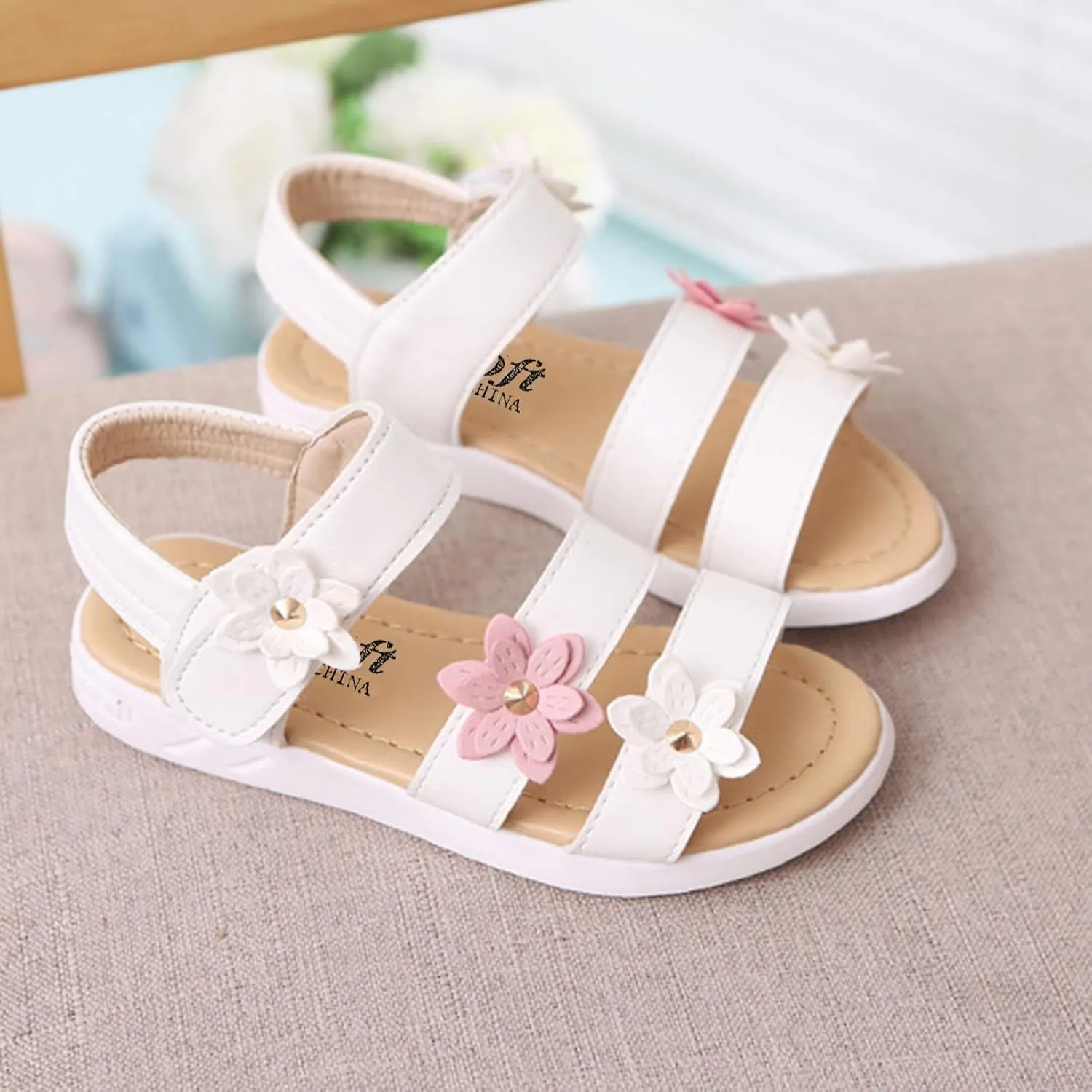 Toddler Little Girls Open Toe Strap Flowers Sandals Summer Beach Non-Slip Shoes Rubber Soft Sole Princess Flats