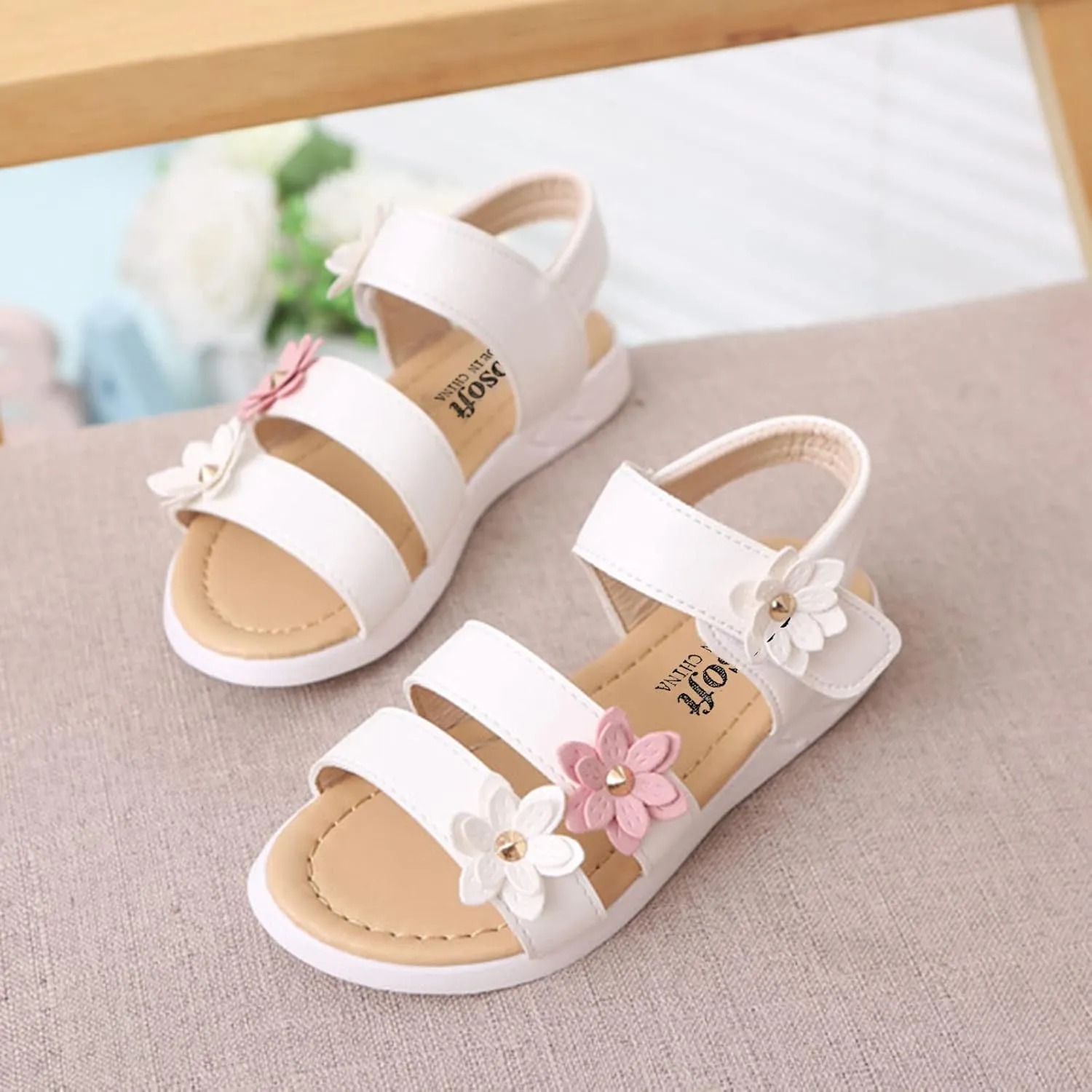 Toddler Little Girls Open Toe Strap Flowers Sandals Summer Beach Non-Slip Shoes Rubber Soft Sole Princess Flats