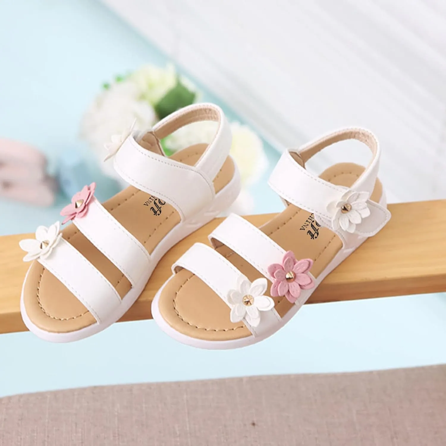 Toddler Little Girls Open Toe Strap Flowers Sandals Summer Beach Non-Slip Shoes Rubber Soft Sole Princess Flats