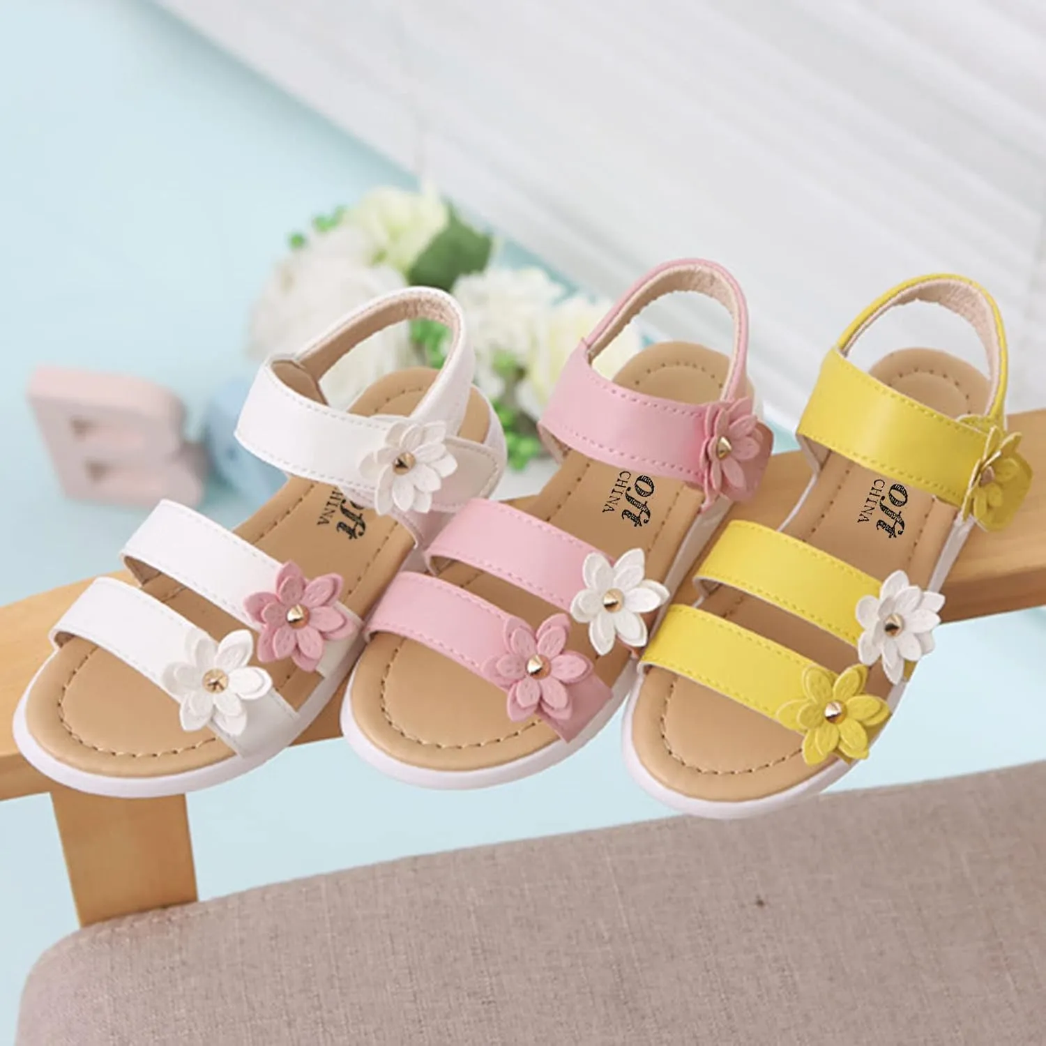Toddler Little Girls Open Toe Strap Flowers Sandals Summer Beach Non-Slip Shoes Rubber Soft Sole Princess Flats