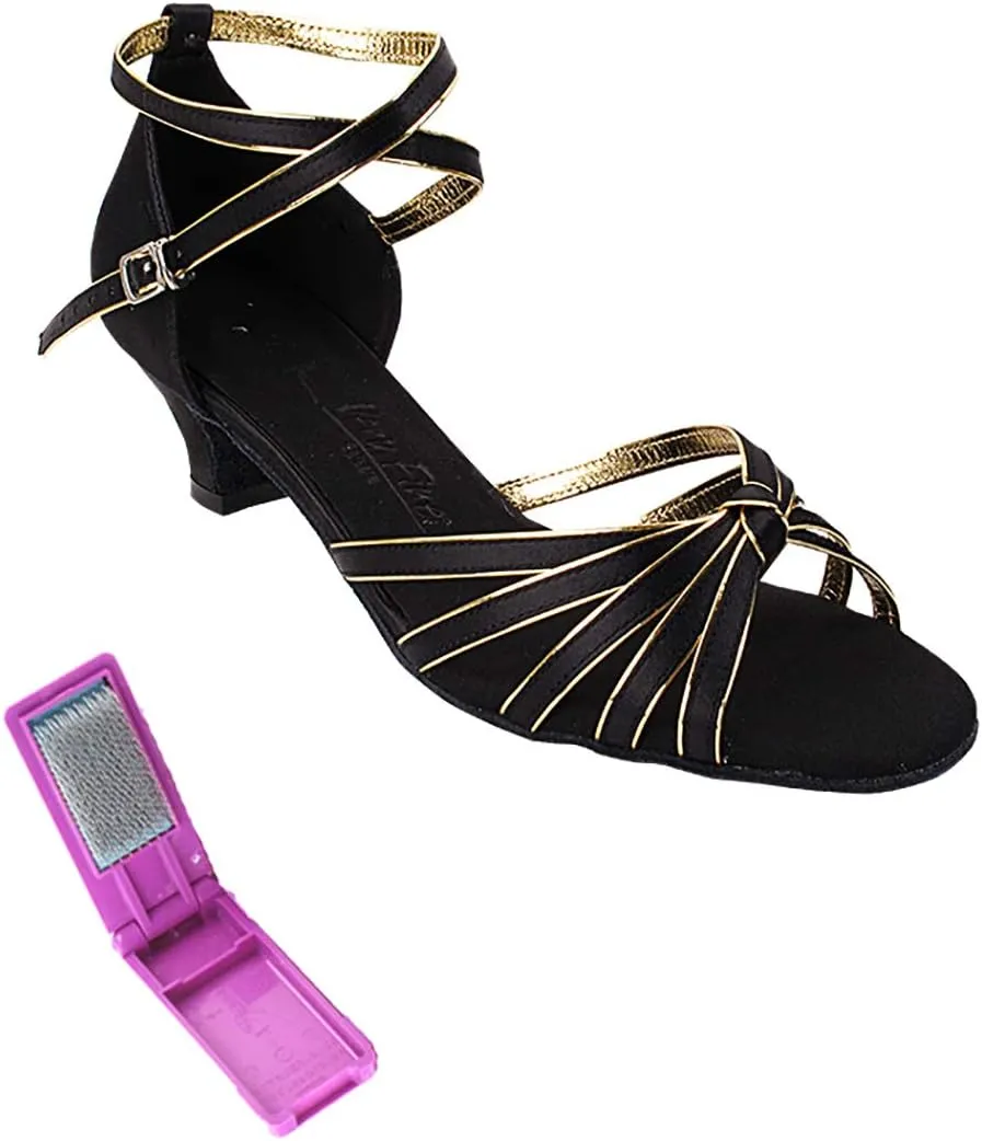 Very Fine Dance Shoes - Ladies Practice, Cuban Low Heel Ballroom Dance Shoes - SERA7043-1.2-inch Heel and Foldable Brush Bundle - Black Satin - Gold Trim - 8