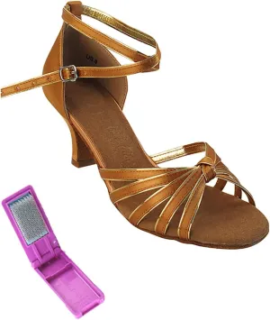 Very Fine Dance Shoes - Ladies Practice, Cuban Low Heel Ballroom Dance Shoes - SERA7043-2.5-inch Heel and Foldable Brush Bundle - Tan Satin - Gold Trim - 7.5
