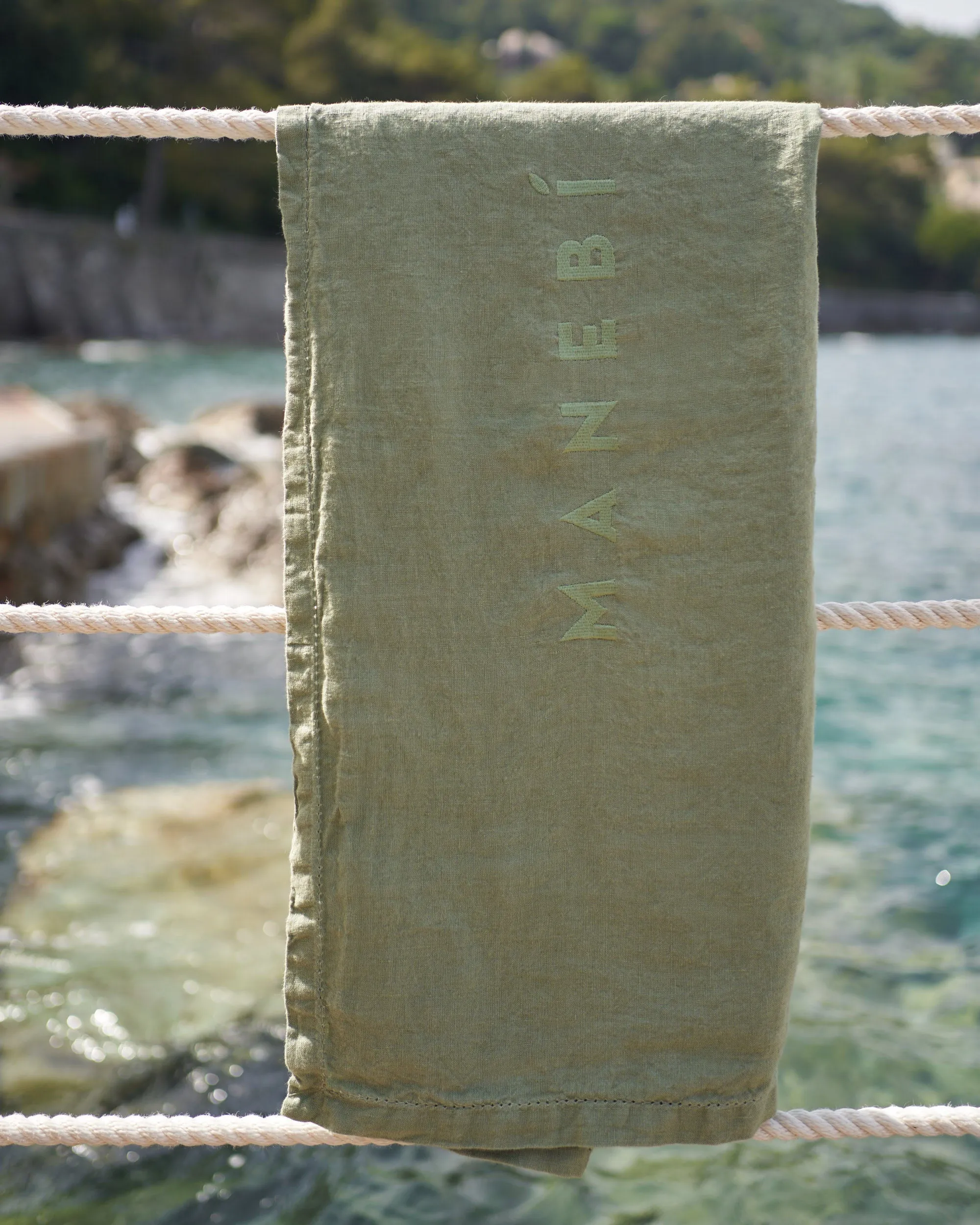 Washed Linen Beach Towel - MNM37 - Embroidered Logo Sage