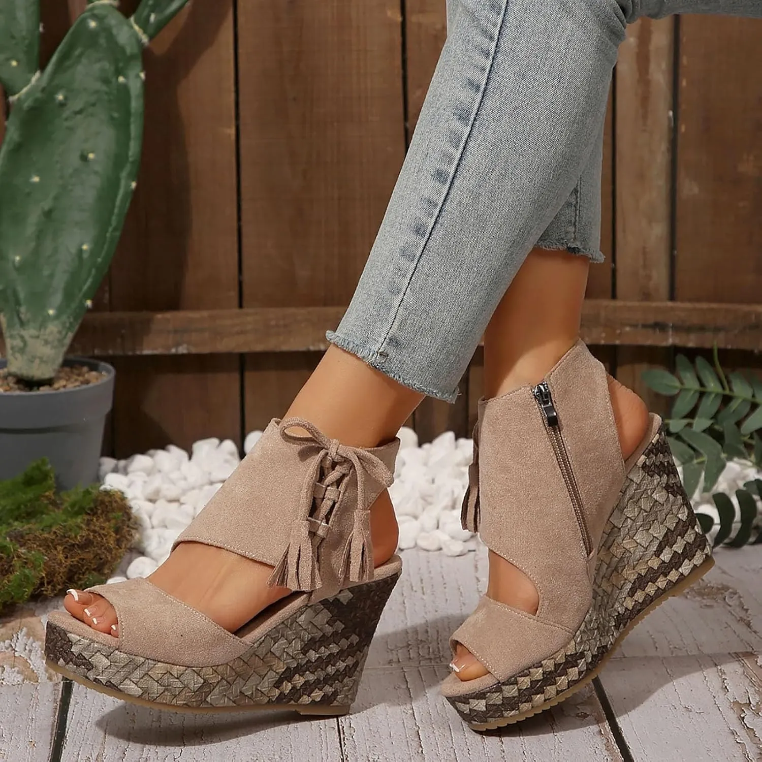 Wedge Sandals for Women 2025 Dressy,Summer Open Toe Microfiber Suede Slope Heel Shoes Breathable Thick Sole Platform Sandals with Tassels & Zipper Boho Beach Slippers for Casual Wear