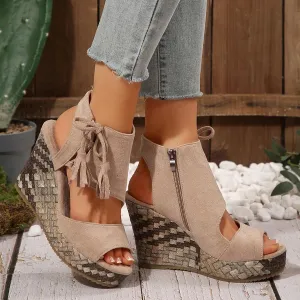 Wedge Sandals for Women 2025 Dressy,Summer Open Toe Microfiber Suede Slope Heel Shoes Breathable Thick Sole Platform Sandals with Tassels & Zipper Boho Beach Slippers for Casual Wear