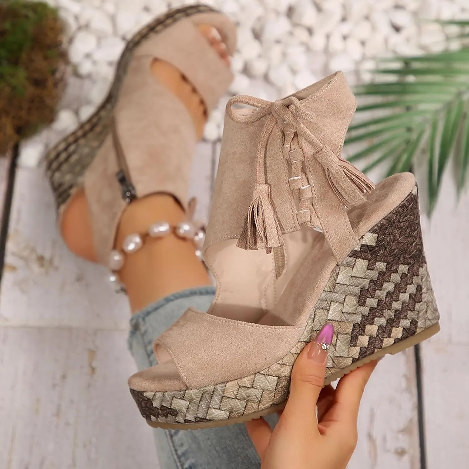 Wedge Sandals for Women 2025 Dressy,Summer Open Toe Microfiber Suede Slope Heel Shoes Breathable Thick Sole Platform Sandals with Tassels & Zipper Boho Beach Slippers for Casual Wear