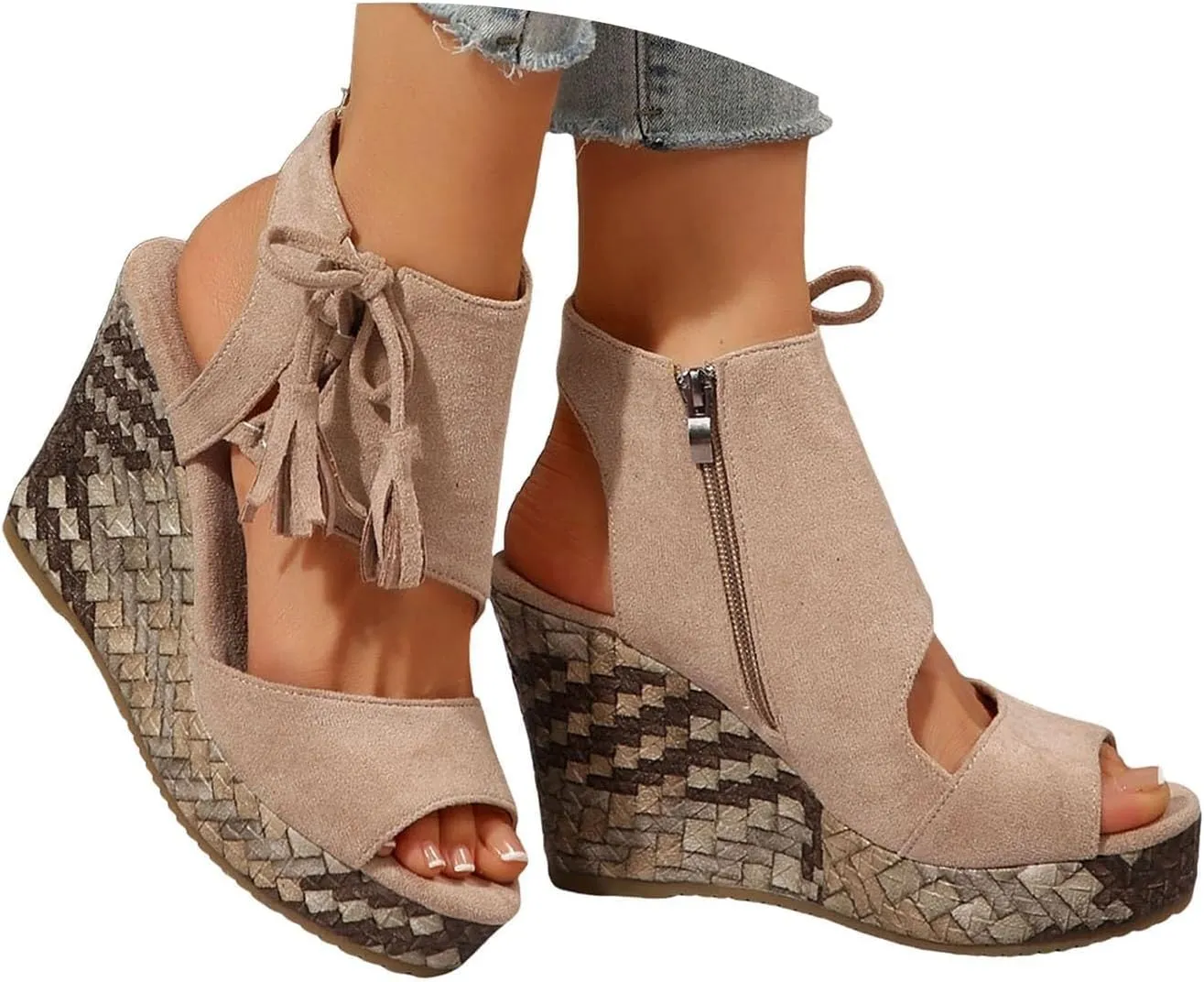 Wedge Sandals for Women 2025 Dressy,Summer Open Toe Microfiber Suede Slope Heel Shoes Breathable Thick Sole Platform Sandals with Tassels & Zipper Boho Beach Slippers for Casual Wear