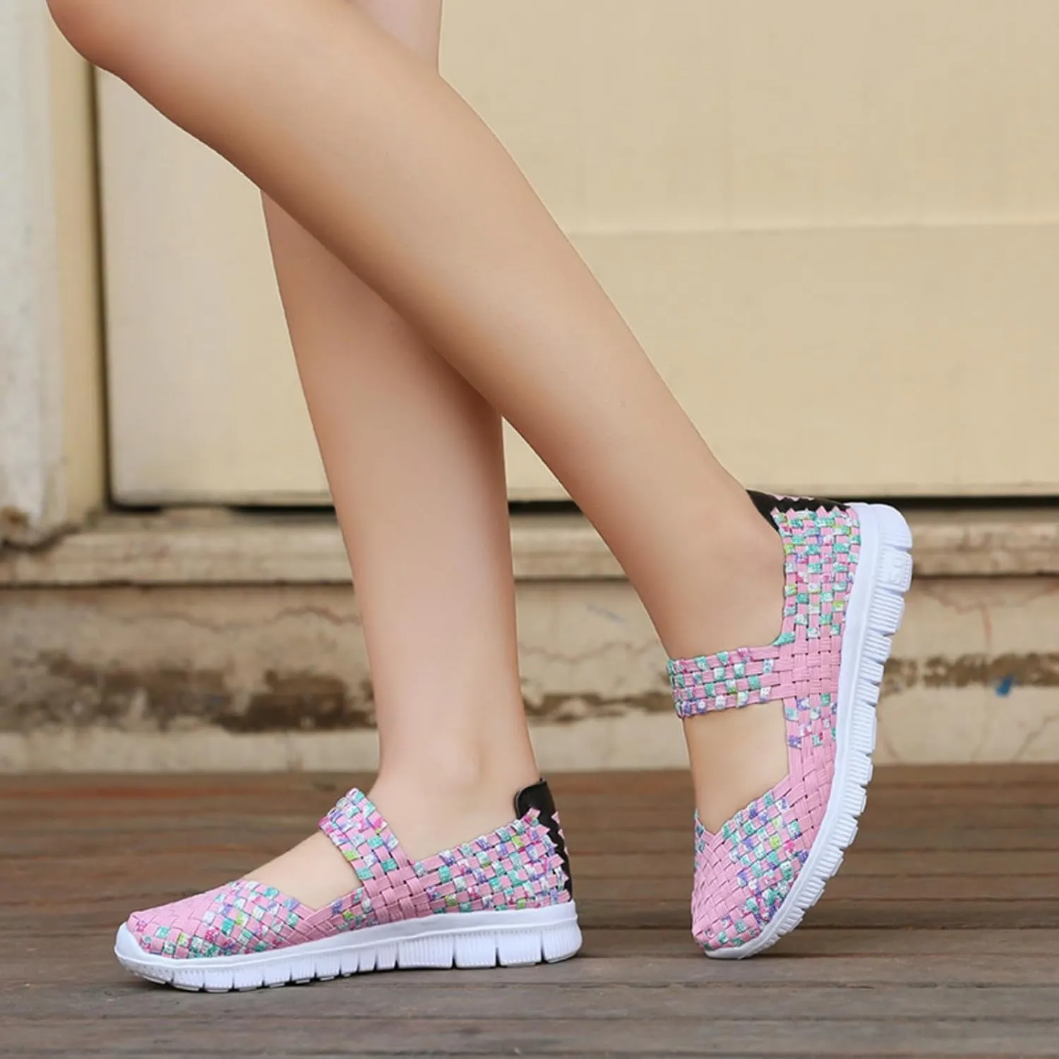 Women Elastic Woven Walking Shoes Mary Jane Shoes Comfy Casual Non Slip Sneakers Comfortable Breathable Non Slip Athletic Sneakers Casual Walking Nurse Shoe