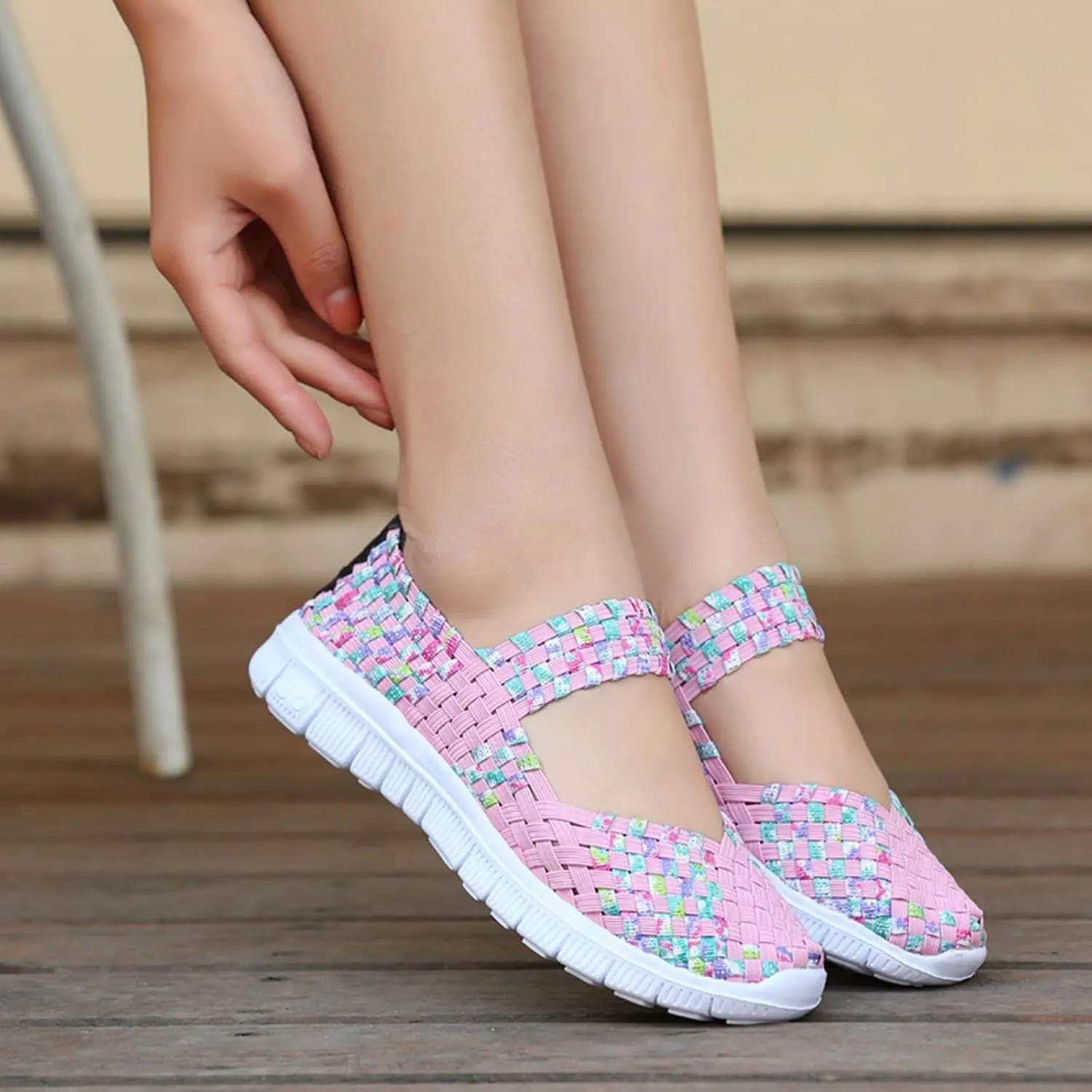Women Elastic Woven Walking Shoes Mary Jane Shoes Comfy Casual Non Slip Sneakers Comfortable Breathable Non Slip Athletic Sneakers Casual Walking Nurse Shoe