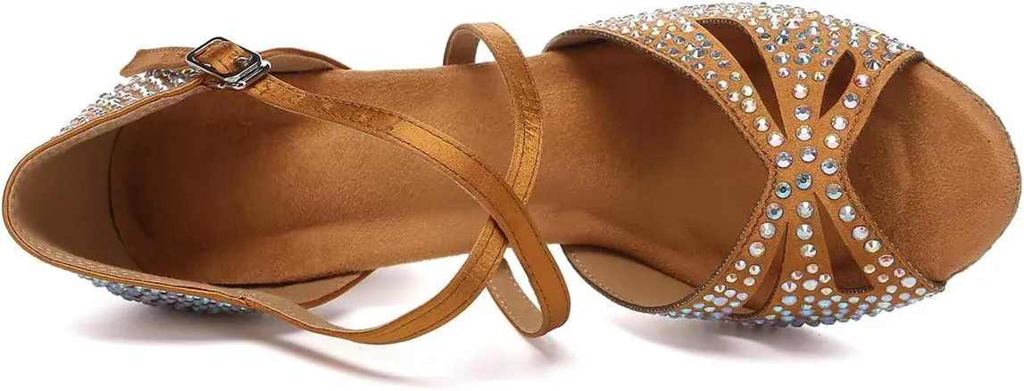 Women Latin Dance Shoes Rhinestones Open Toe Satin Professional Performance Bachata Salsa Ballroom Dancing Shoes,Model YCL642