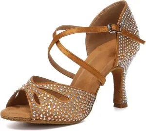 Women Latin Dance Shoes Rhinestones Open Toe Satin Professional Performance Bachata Salsa Ballroom Dancing Shoes,Model YCL642