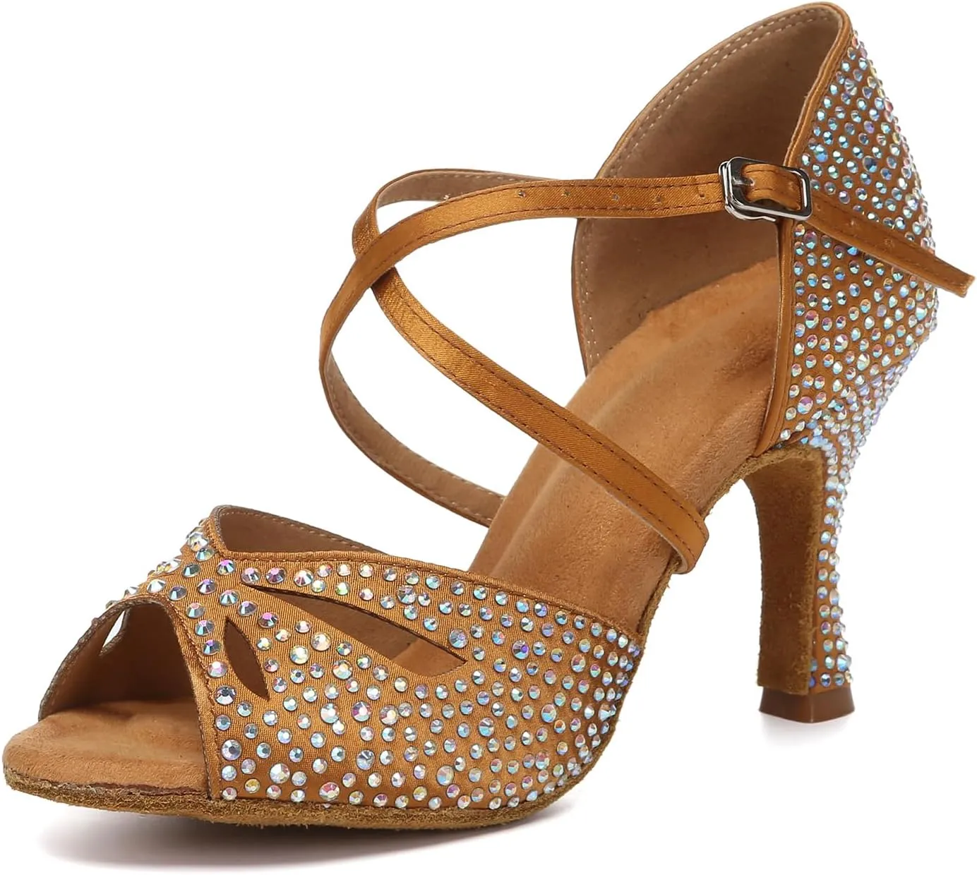 Women Latin Dance Shoes Rhinestones Open Toe Satin Professional Performance Bachata Salsa Ballroom Dancing Shoes,Model YCL642