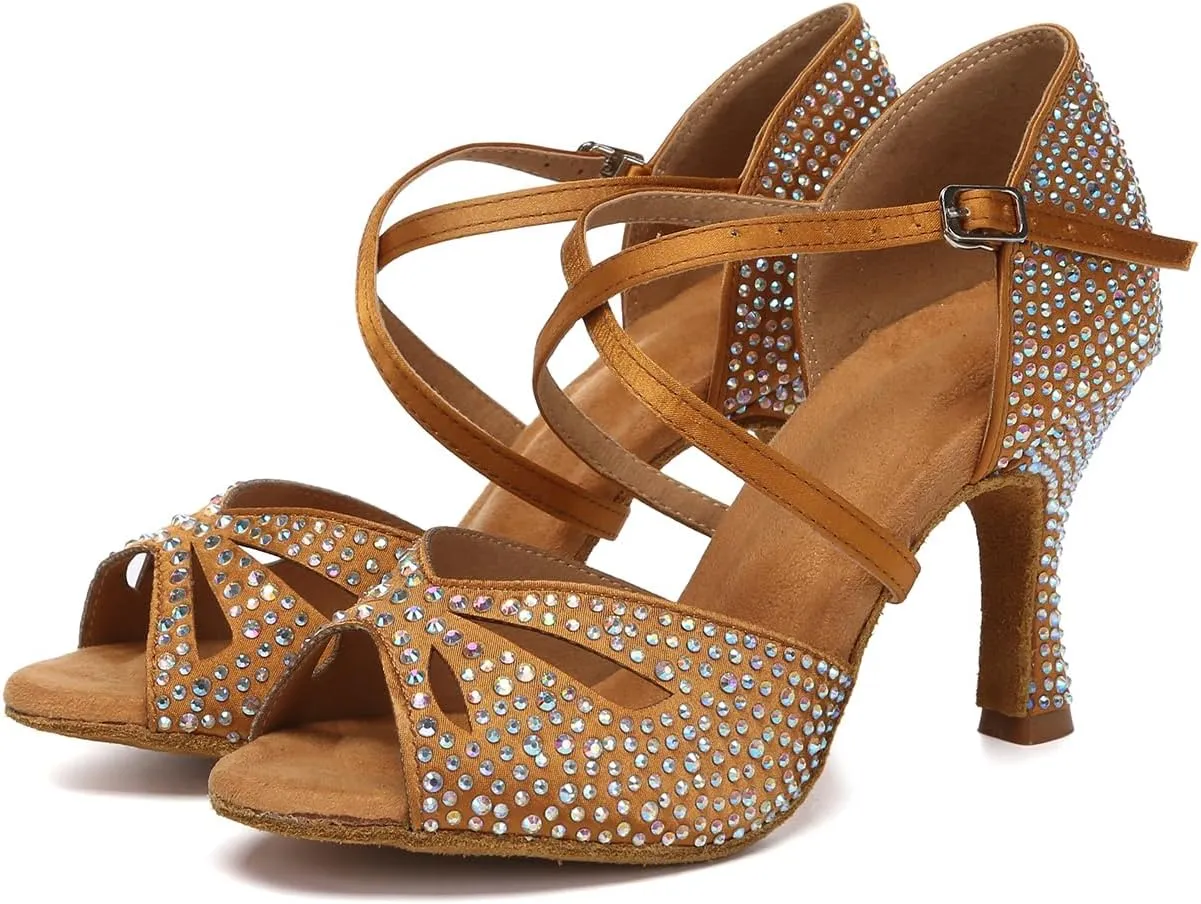 Women Latin Dance Shoes Rhinestones Open Toe Satin Professional Performance Bachata Salsa Ballroom Dancing Shoes,Model YCL642