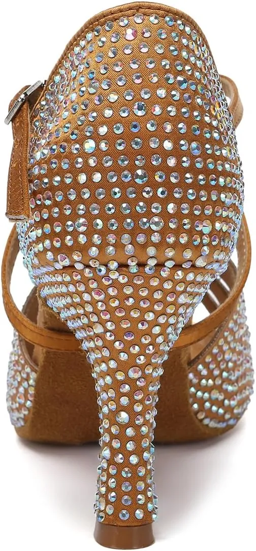 Women Latin Dance Shoes Rhinestones Open Toe Satin Professional Performance Bachata Salsa Ballroom Dancing Shoes,Model YCL642
