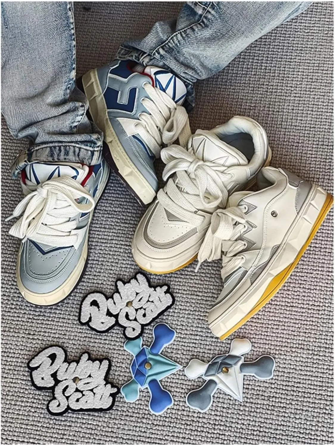 Women Men Aesthetic Chunky Sneakers Streetwear Fashion Comfort Diamond Pattern Padded Platform Shoes Retro Skate Style