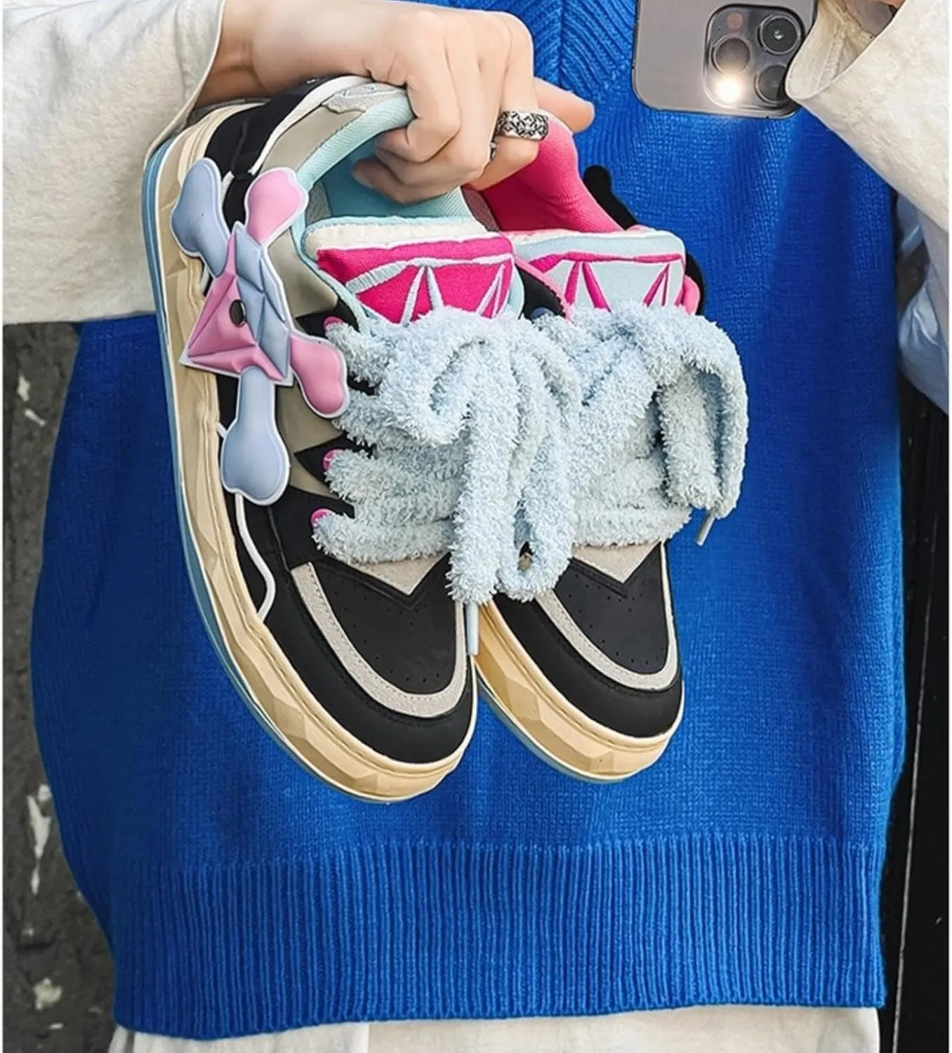 Women Men Aesthetic Chunky Sneakers Streetwear Fashion Comfort Diamond Pattern Padded Platform Shoes Retro Skate Style