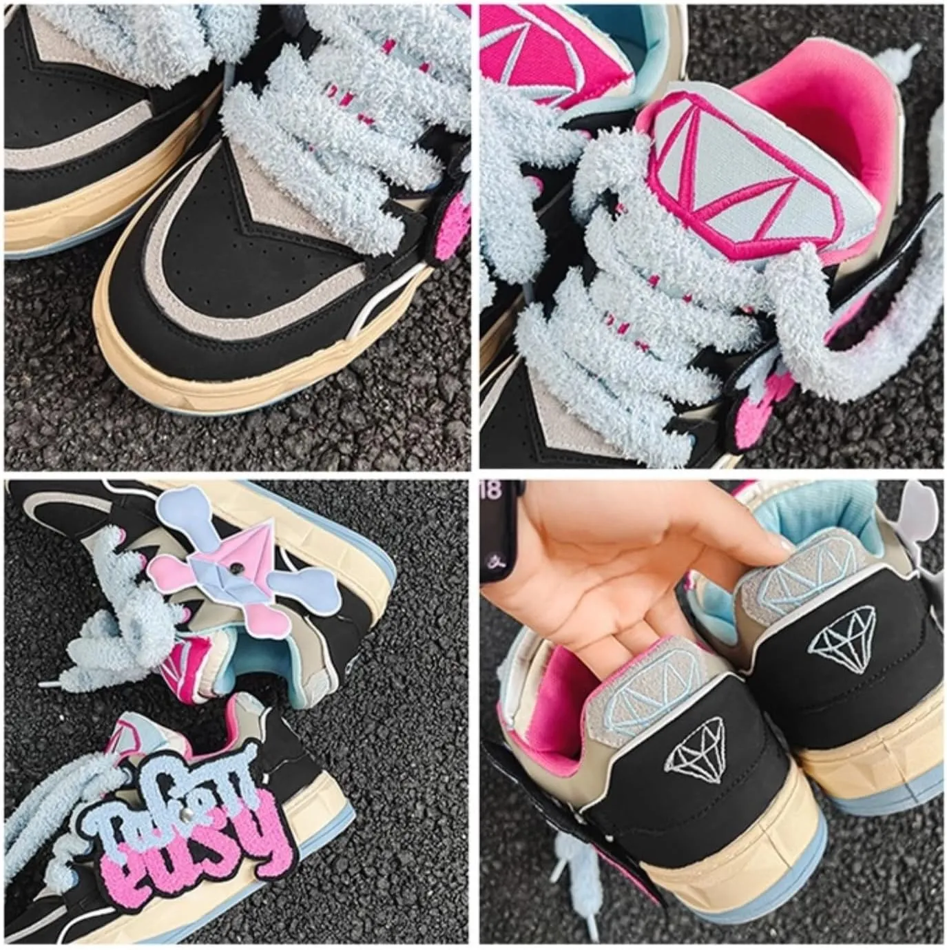 Women Men Aesthetic Chunky Sneakers Streetwear Fashion Comfort Diamond Pattern Padded Platform Shoes Retro Skate Style