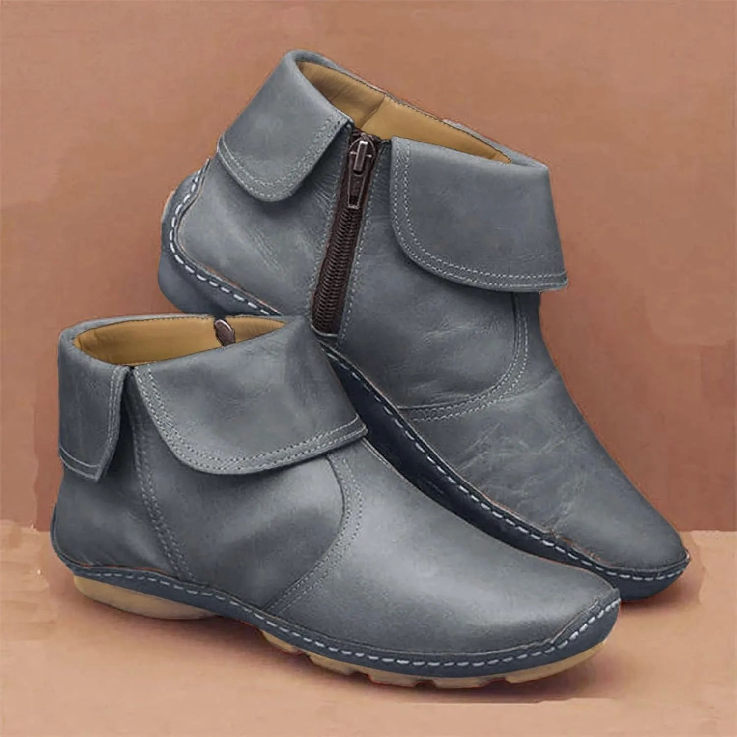 Womens Ankle Booties No Heel Arch Support Boots Side Zipper Vintage Leather Boots Flat Heel Dressy Booties