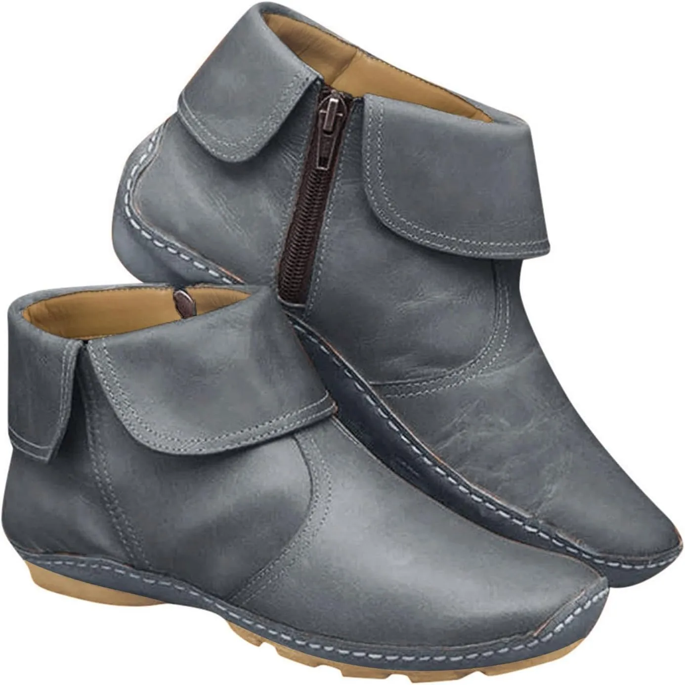 Womens Ankle Booties No Heel Arch Support Boots Side Zipper Vintage Leather Boots Flat Heel Dressy Booties