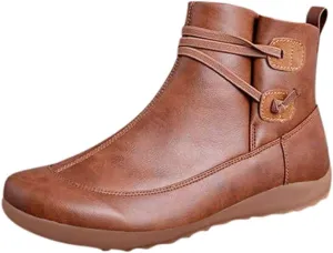 Women's Ankle Booties Vintage Leather Ankle Boots Arch Support Ankle Booties Casual Flat Heel Comfy Short Boots