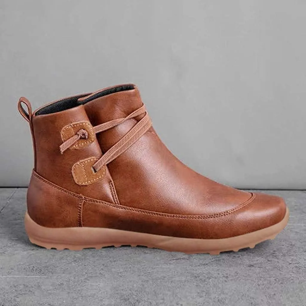 Women's Ankle Booties Vintage Leather Ankle Boots Arch Support Ankle Booties Casual Flat Heel Comfy Short Boots