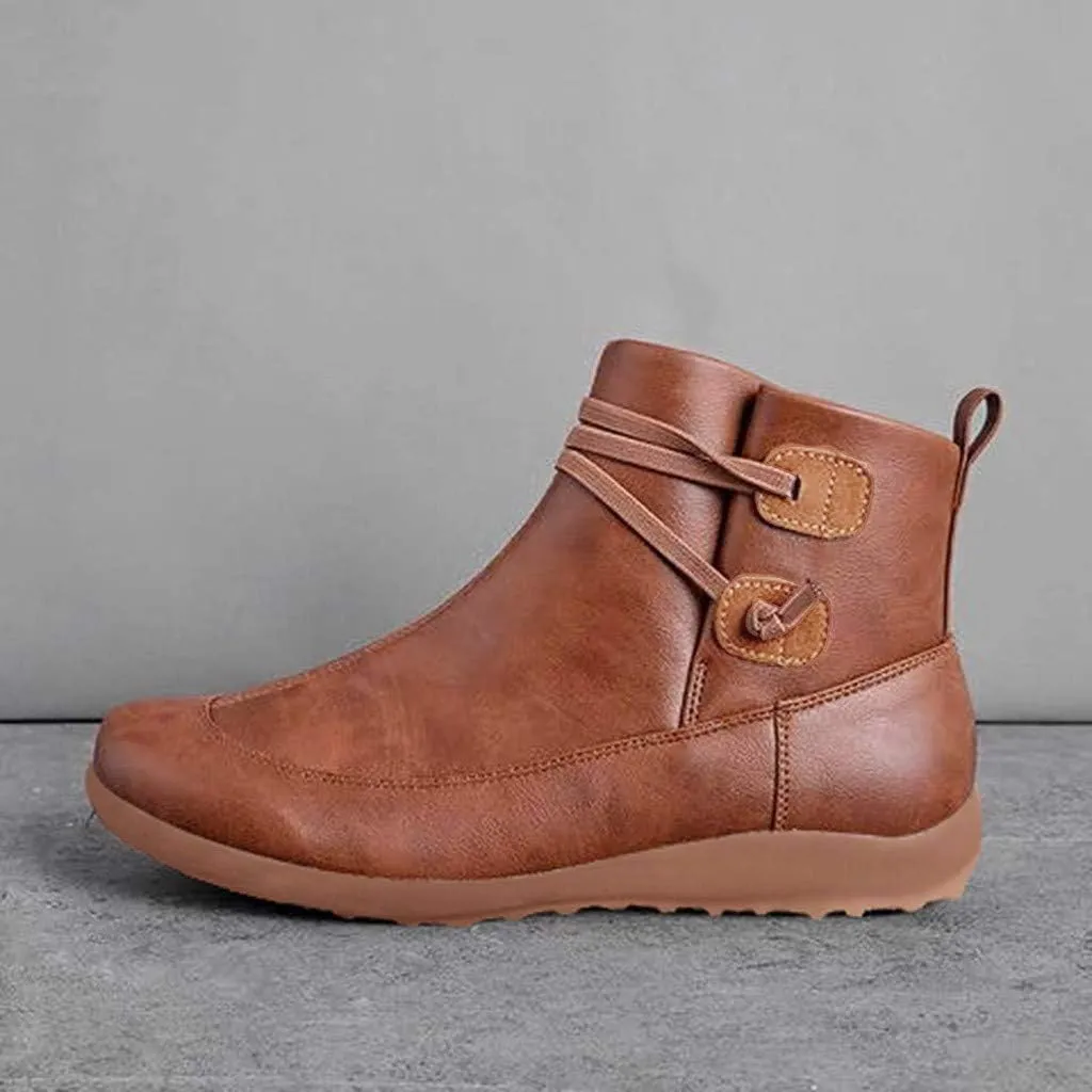 Women's Ankle Booties Vintage Leather Ankle Boots Arch Support Ankle Booties Casual Flat Heel Comfy Short Boots