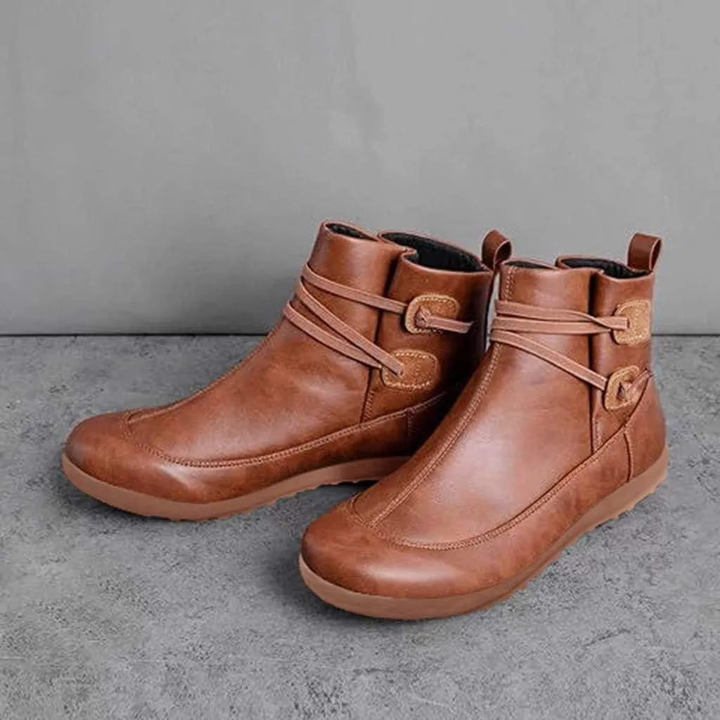 Women's Ankle Booties Vintage Leather Ankle Boots Arch Support Ankle Booties Casual Flat Heel Comfy Short Boots