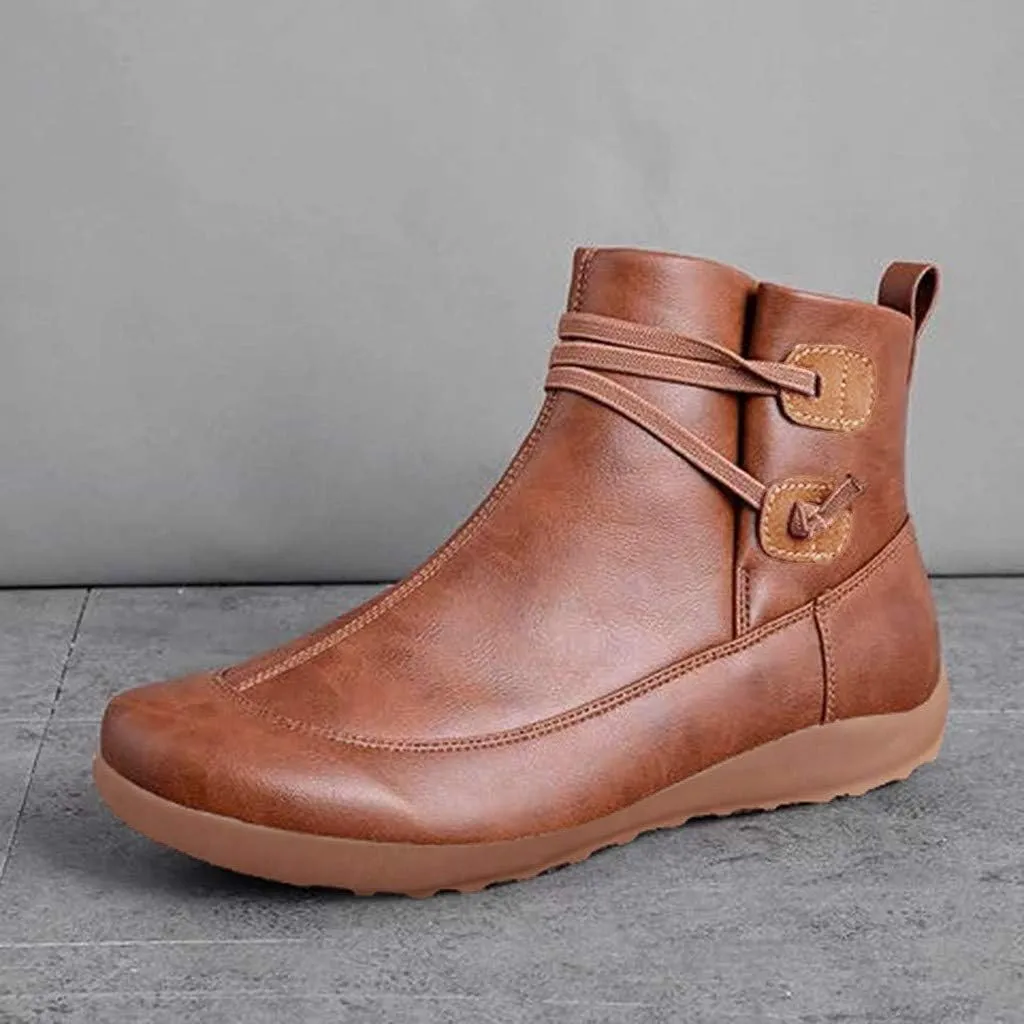 Women's Ankle Booties Vintage Leather Ankle Boots Arch Support Ankle Booties Casual Flat Heel Comfy Short Boots