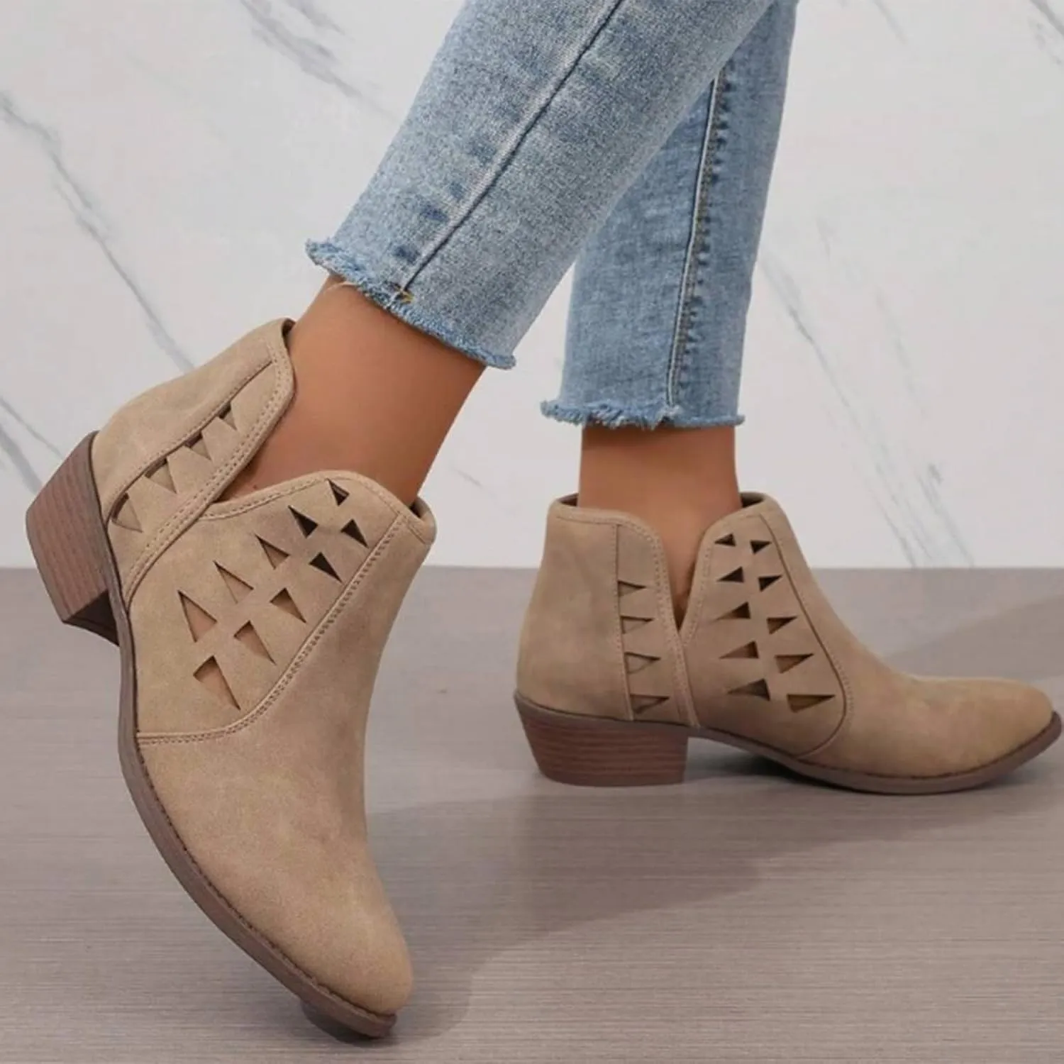 Women's Ankle Boots CasualComfortable Women Ankle Boots Women's Round Toe Suede Stacked Heel Western Ankle Bootie