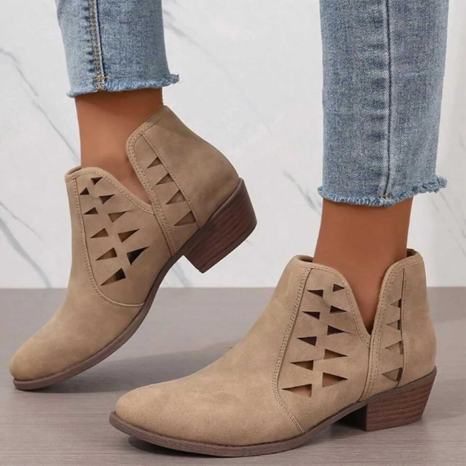 Women's Ankle Boots CasualComfortable Women Ankle Boots Women's Round Toe Suede Stacked Heel Western Ankle Bootie