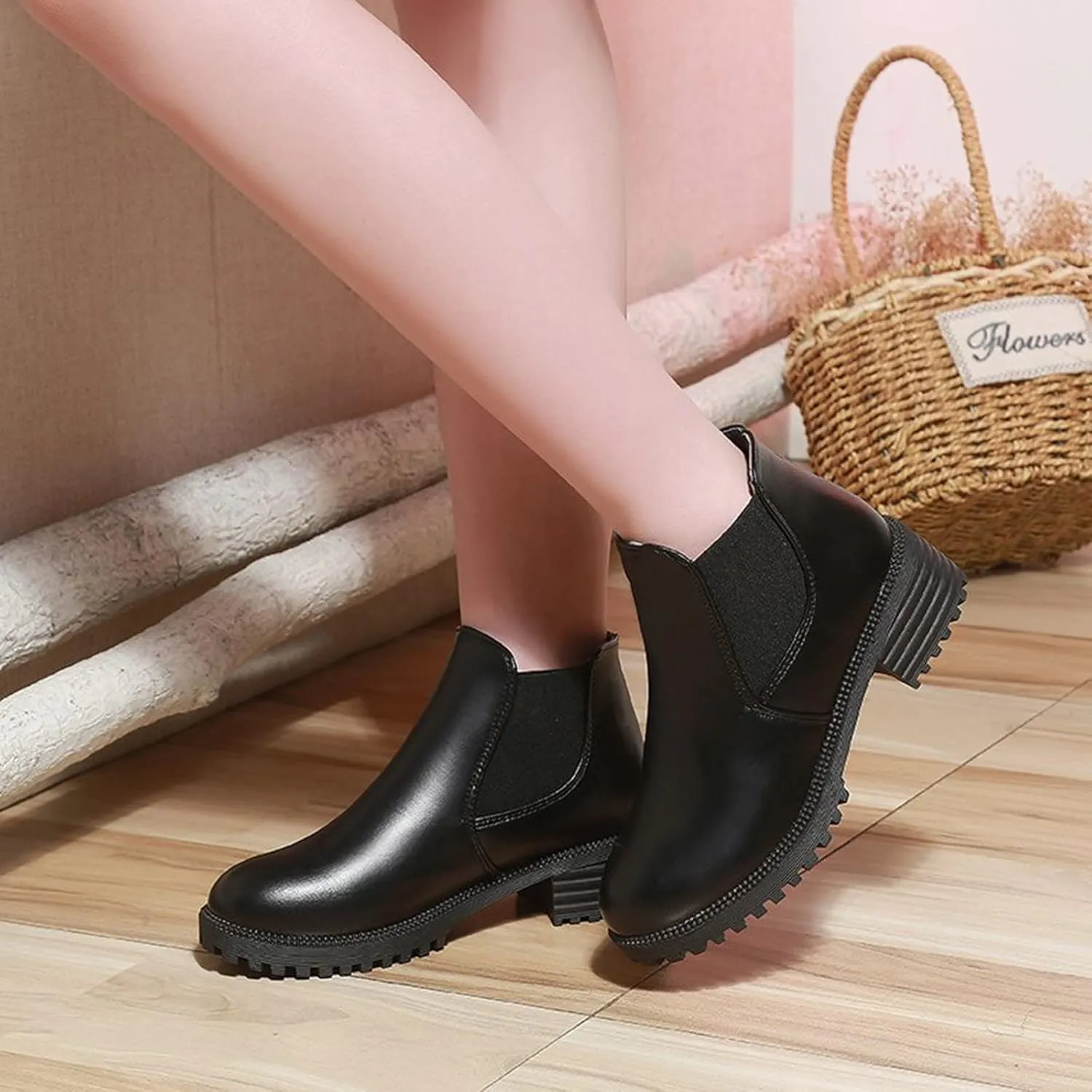 Womens Ankle Boots Women Booties Low Heel Womens Cowgirl Boots Square Toe Dress Shoes for Women Closed Back Lightweight Breathable Lug Sole Low Heel Chelsea Fashion
