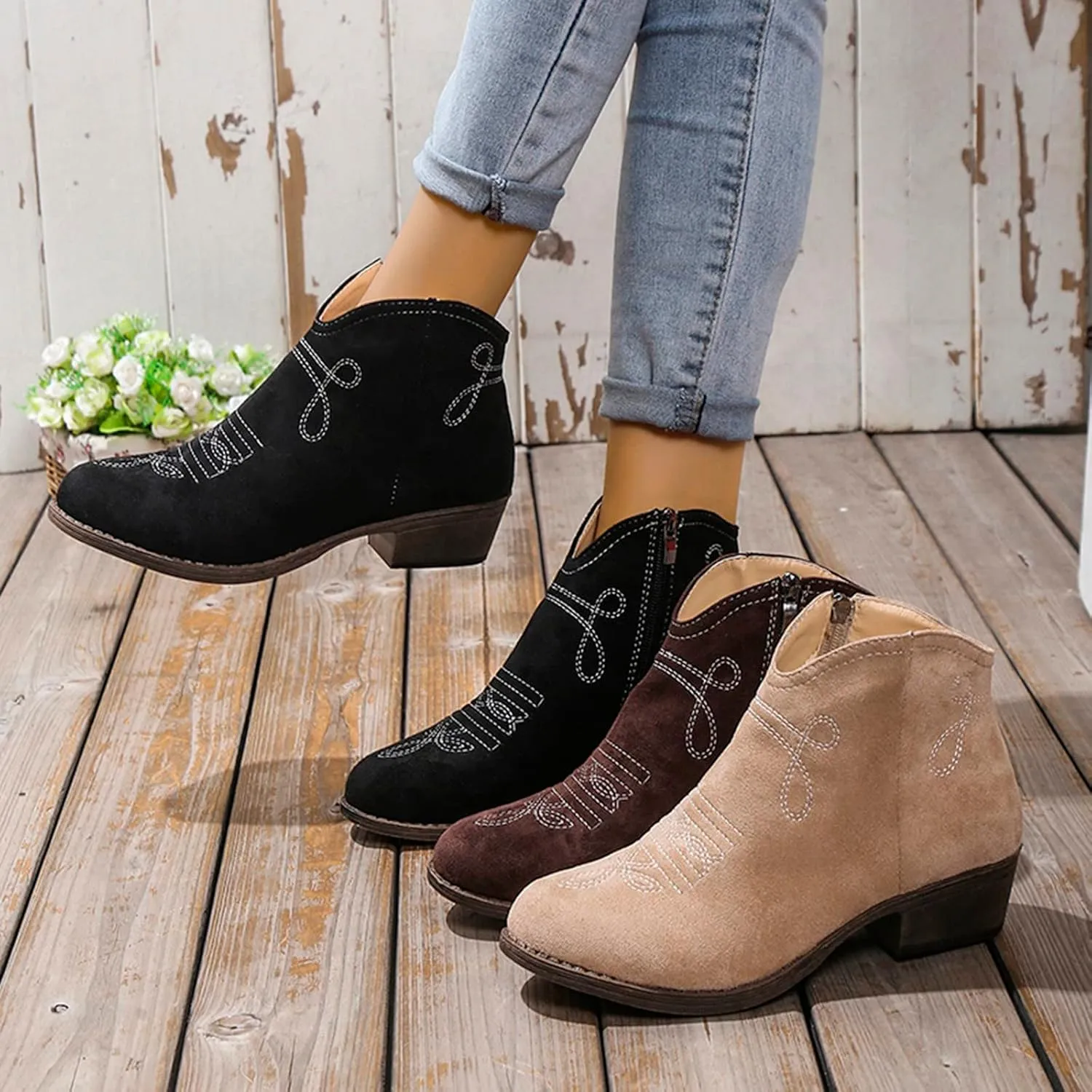 Womens Booties Ankle Booties for Women 2024 with Heel Womans Work Boots Platform Bootie Ankle Boot Soft Sole Fashion Closed Pointed Toe Low Block Heel Zip Up