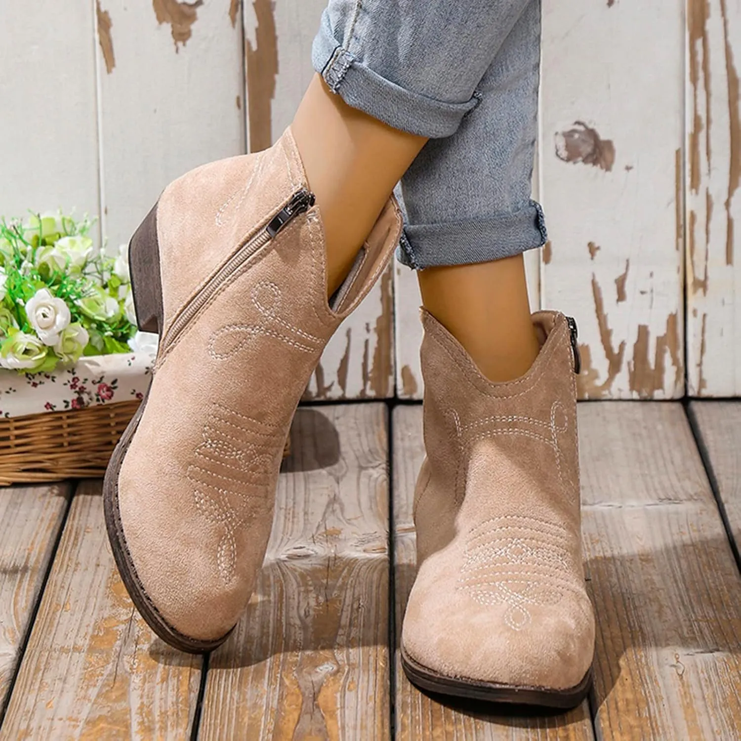 Womens Booties Ankle Booties for Women 2024 with Heel Womans Work Boots Platform Bootie Ankle Boot Soft Sole Fashion Closed Pointed Toe Low Block Heel Zip Up