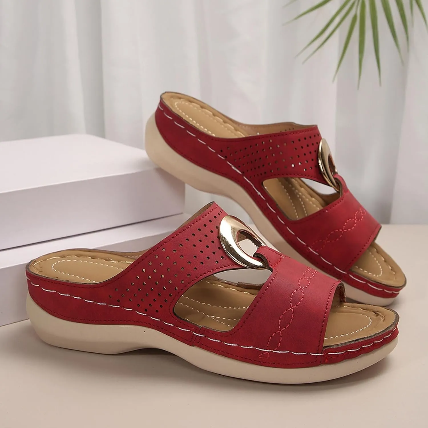 Women's Classic Leather Sandals Lightweight Flat Sandals Cute Hollow Out Flower One Stirrup Casual Walking Slippers, 4