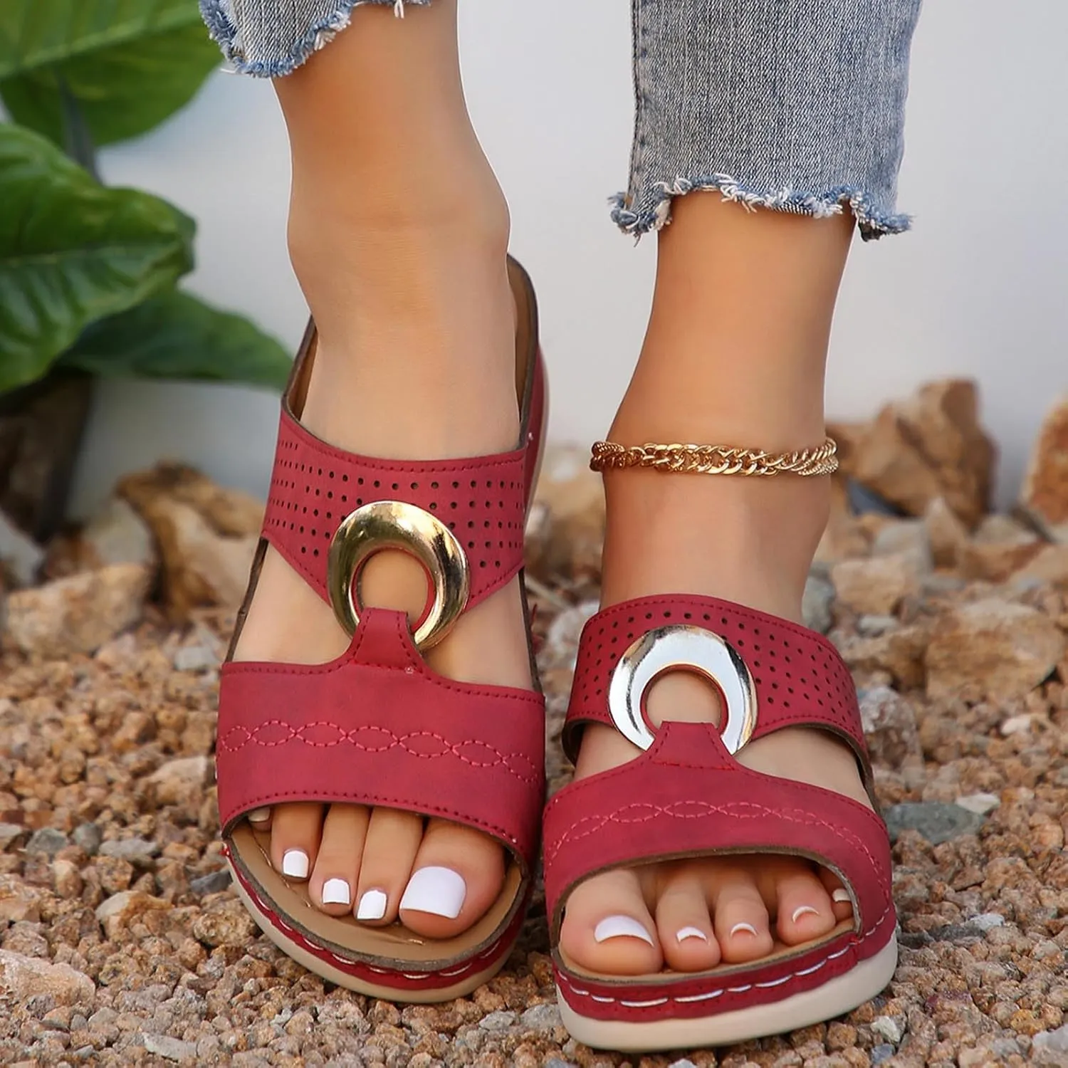 Women's Classic Leather Sandals Lightweight Flat Sandals Cute Hollow Out Flower One Stirrup Casual Walking Slippers, 4