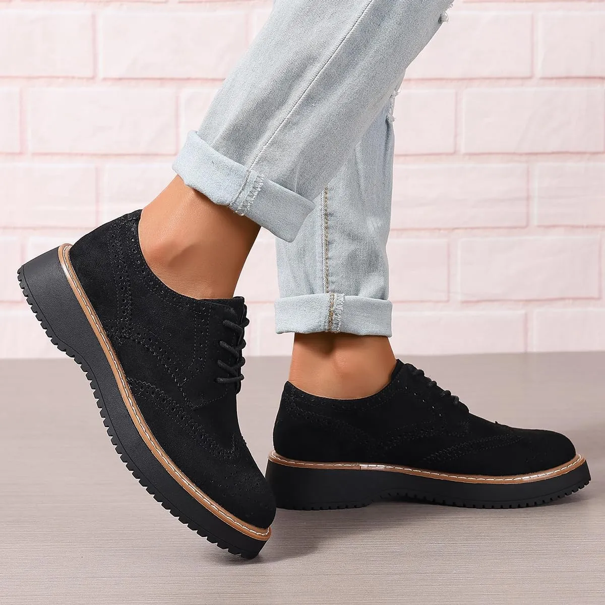 Women's Classic Oxfords Chunky Platform Lace-Up Round Toe Penny Oxfords Shoes Non-Slip Comfort Work Loafers