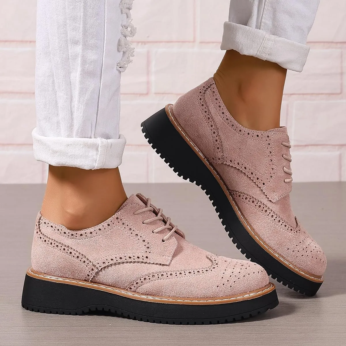 Women's Classic Oxfords Chunky Platform Lace-Up Round Toe Penny Oxfords Shoes Non-Slip Comfort Work Loafers