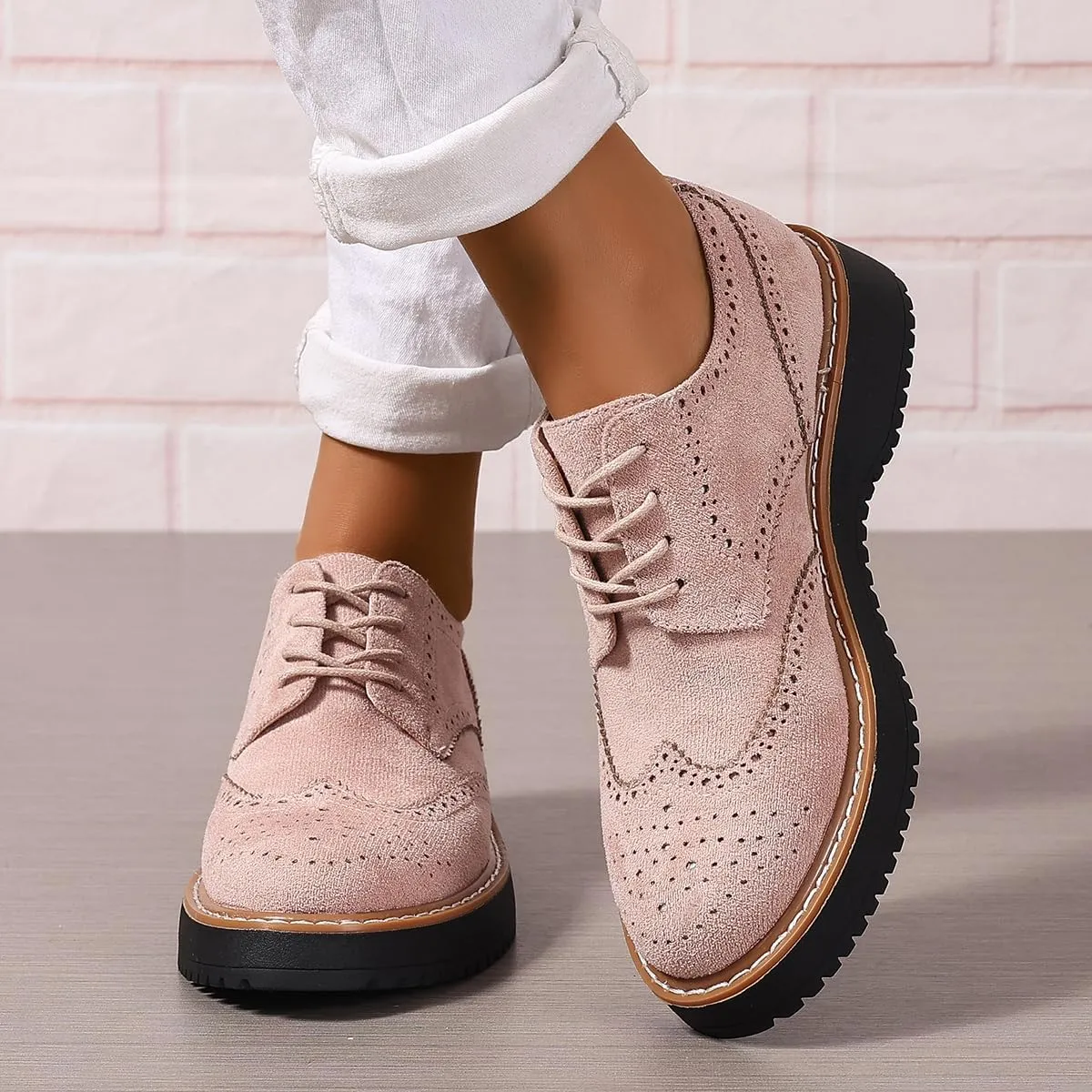 Women's Classic Oxfords Chunky Platform Lace-Up Round Toe Penny Oxfords Shoes Non-Slip Comfort Work Loafers