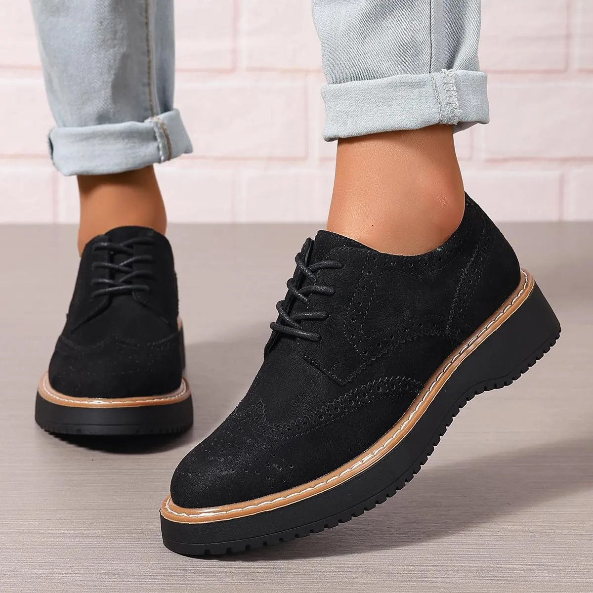Women's Classic Oxfords Chunky Platform Lace-Up Round Toe Penny Oxfords Shoes Non-Slip Comfort Work Loafers
