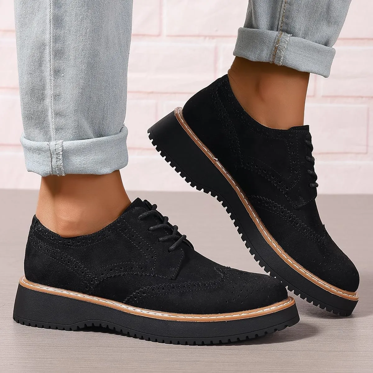 Women's Classic Oxfords Chunky Platform Lace-Up Round Toe Penny Oxfords Shoes Non-Slip Comfort Work Loafers