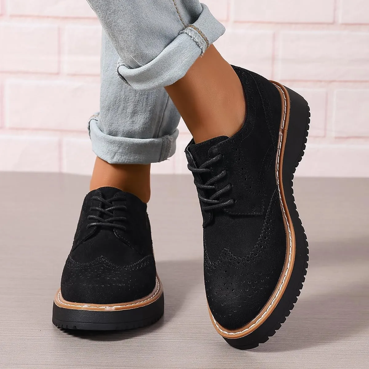 Women's Classic Oxfords Chunky Platform Lace-Up Round Toe Penny Oxfords Shoes Non-Slip Comfort Work Loafers