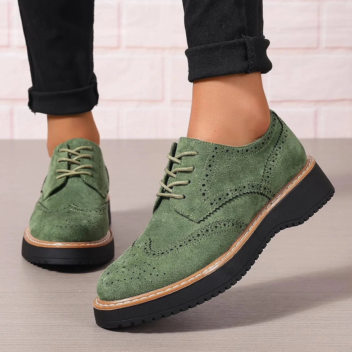 Women's Classic Oxfords Chunky Platform Lace-Up Round Toe Penny Oxfords Shoes Non-Slip Comfort Work Loafers