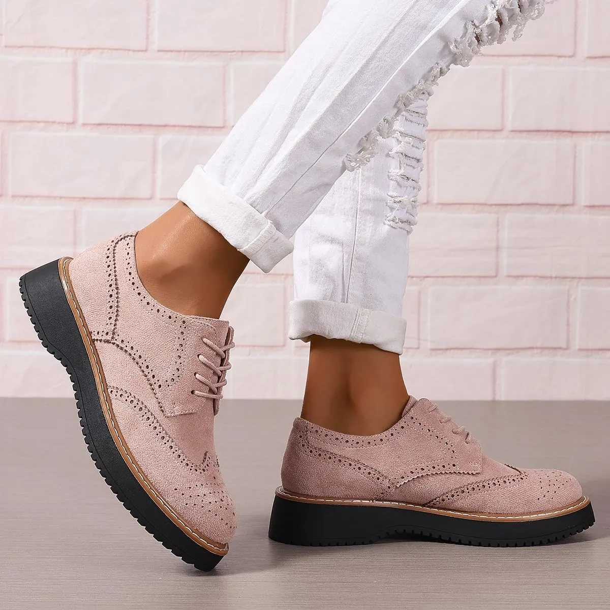 Women's Classic Oxfords Chunky Platform Lace-Up Round Toe Penny Oxfords Shoes Non-Slip Comfort Work Loafers