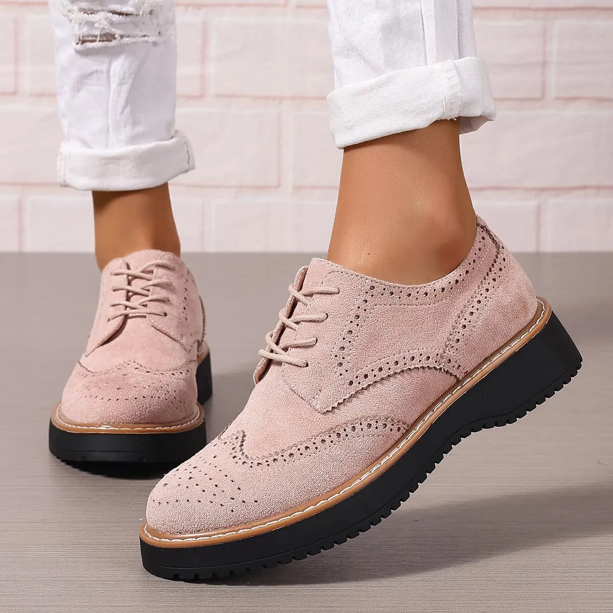 Women's Classic Oxfords Chunky Platform Lace-Up Round Toe Penny Oxfords Shoes Non-Slip Comfort Work Loafers