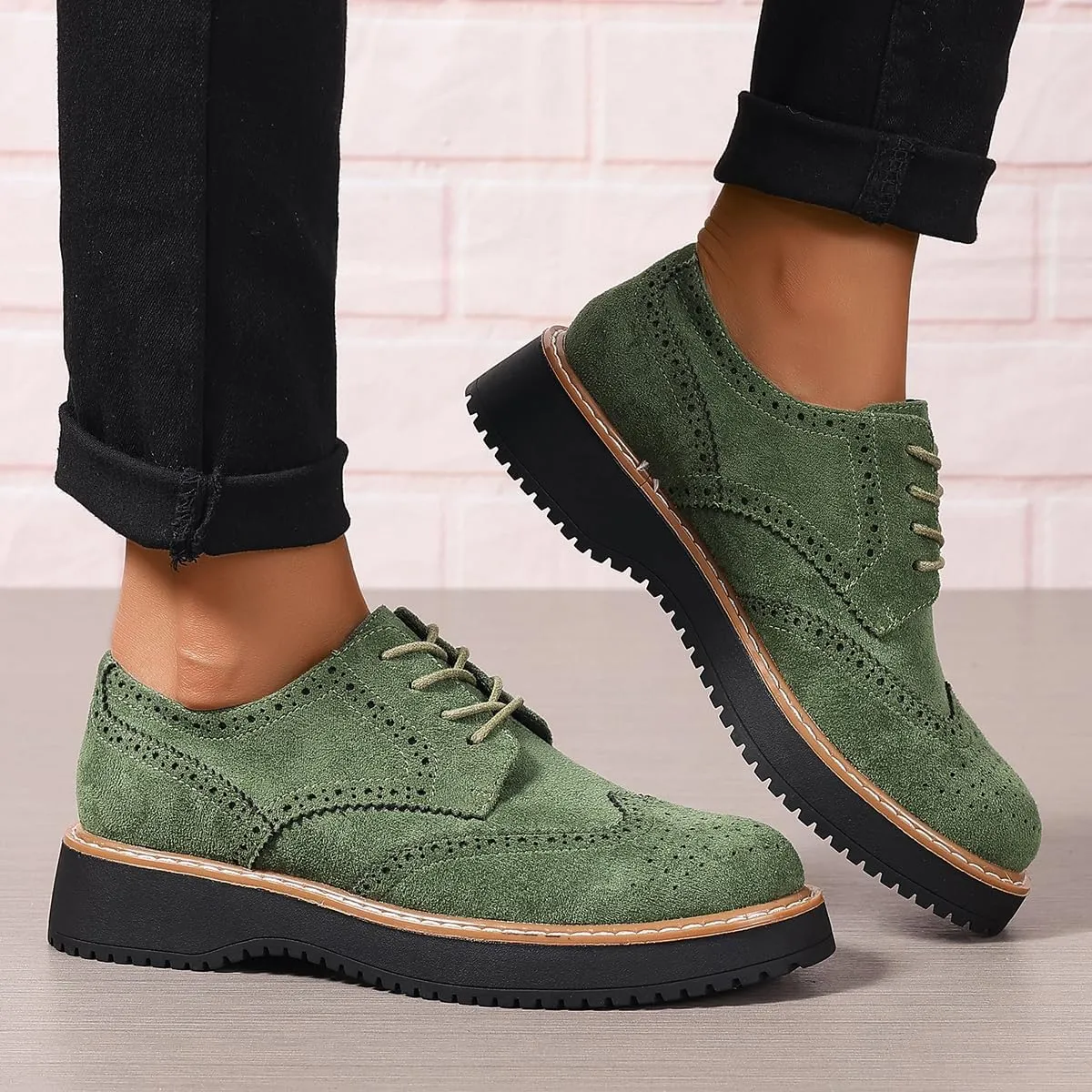 Women's Classic Oxfords Chunky Platform Lace-Up Round Toe Penny Oxfords Shoes Non-Slip Comfort Work Loafers